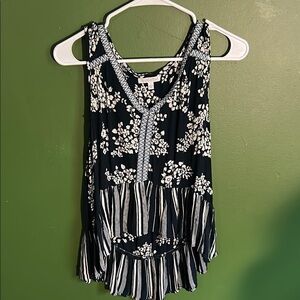 Patrons of Peace Black and White Asymmetrical Ruffled Tank Top